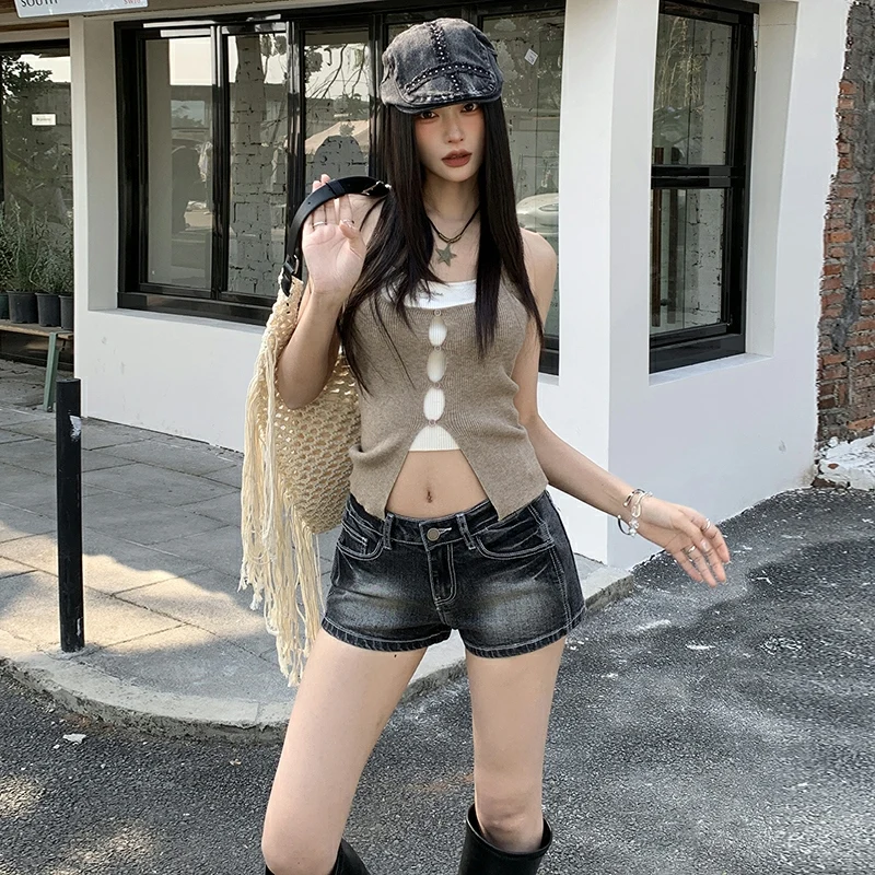 

Summer Korean Wrapping Jeans Women Low Waist Denim Shorts American Lady Y2K Elastic Slimming Versatile Female A-line Trousers
