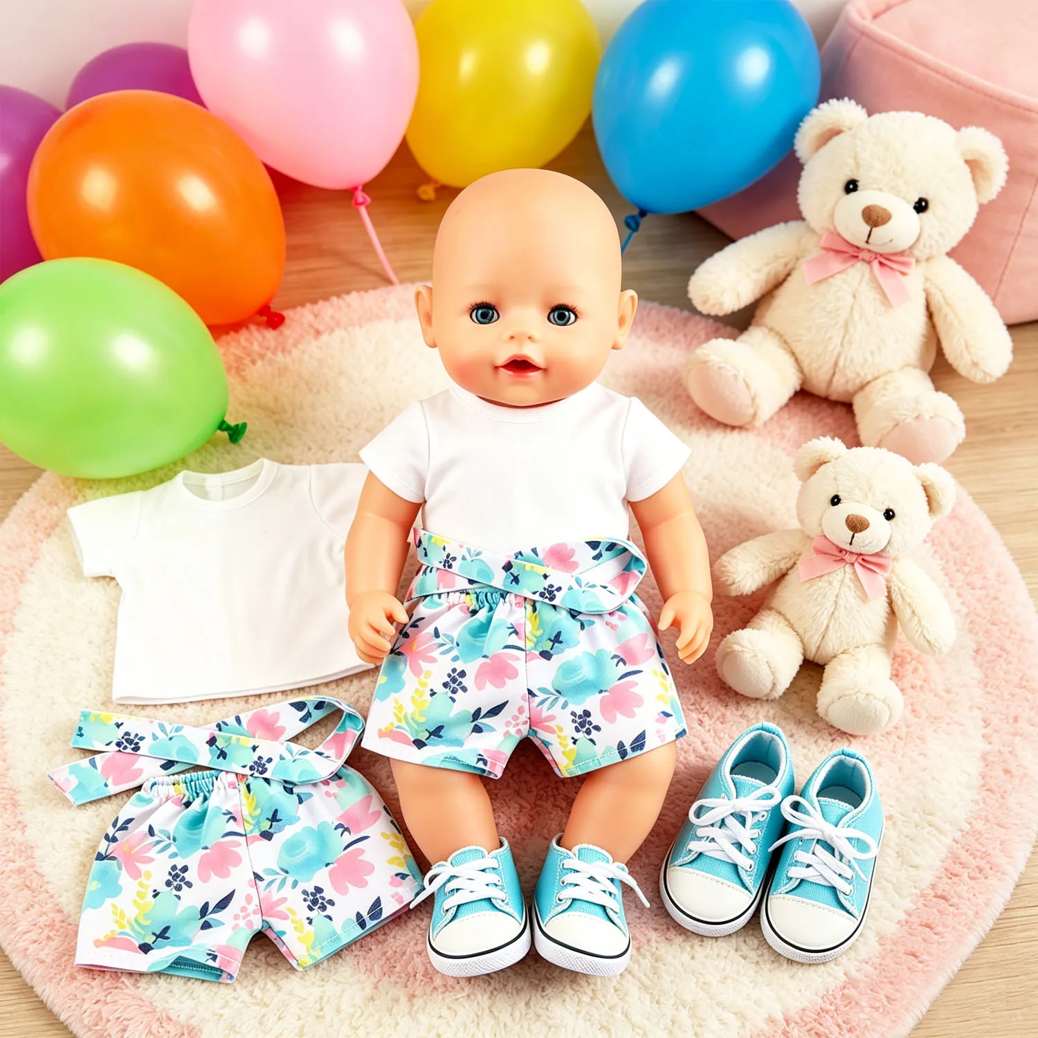 Floral Doll Outfit White Basic Tee Floral Belted Shorts & Cyan Canvas Sneakers for 18" American & 43cm Baby Newborn Girl Dolls
