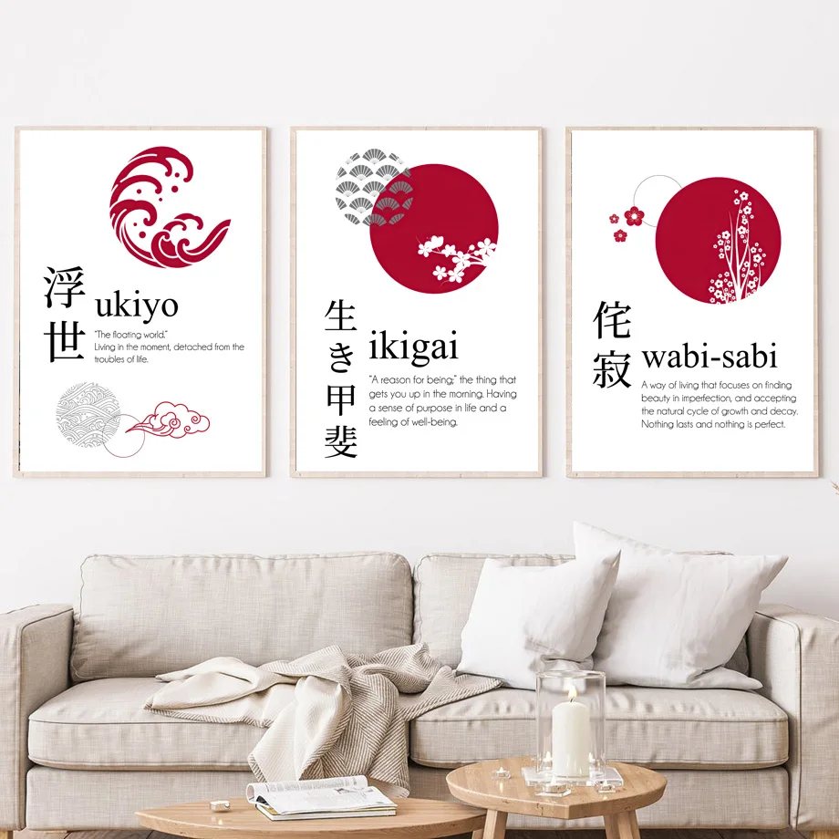 Japanese Calligraphy Ukiyo Ikigai Wabi-Sab Wall Art Canvas Painting Nordic Posters And Prints Wall Picture For Living Room Decor