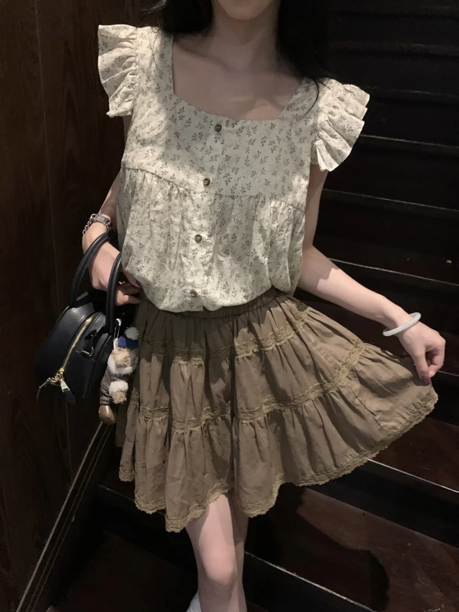 

Юбка-трапеция Zhang Bao Bao с кружевом, летняя, новая, маленький размер, для повседневной носки, 100% хлопок