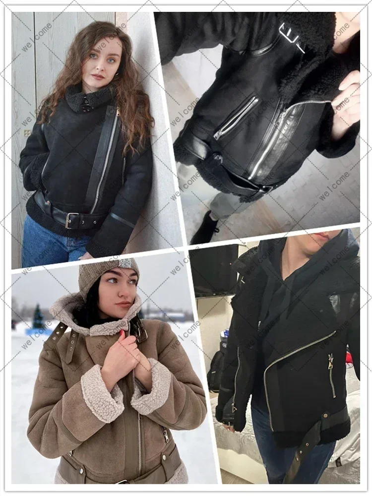 Chaqueta gruesa y cálida de piel de oveja para mujer, abrigo corto marrón para motocicleta, chaquetas de piel de oveja sintética, prendas de vestir de invierno