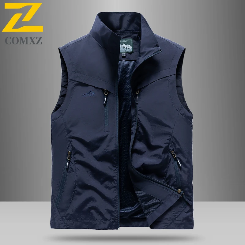 Autumn Sleeveless Work Vest Men's Fashion Embroidery Zipper Multi Pocket Jacket Hiking Camping Fishing Mesh Breathable Waistcoat