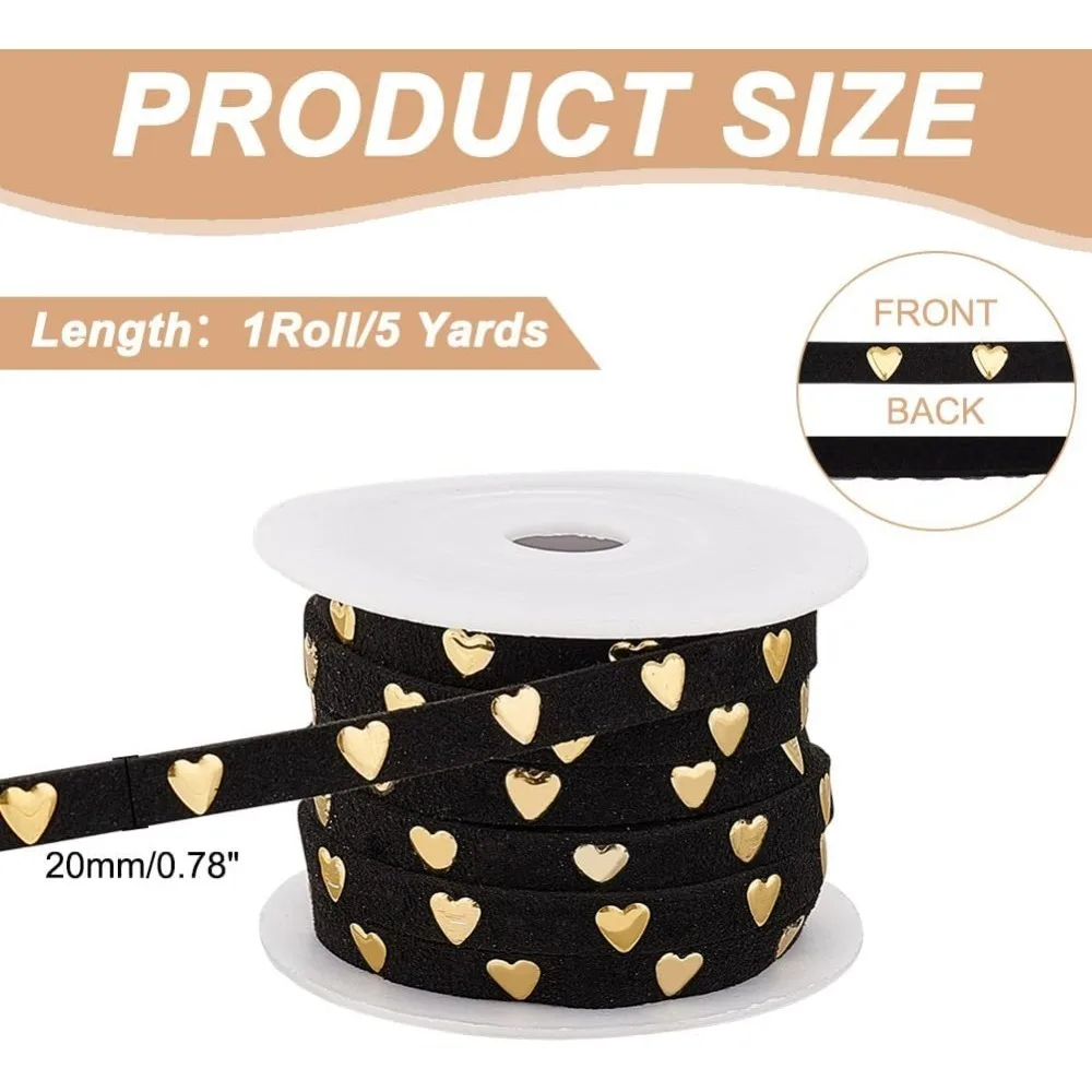 5 Yards(4.57m) Faux Suede Cord Studded 20mm Wide Leathers Lace with Heart Rivet Flat Leathers Ribbon with Spool Leathers String