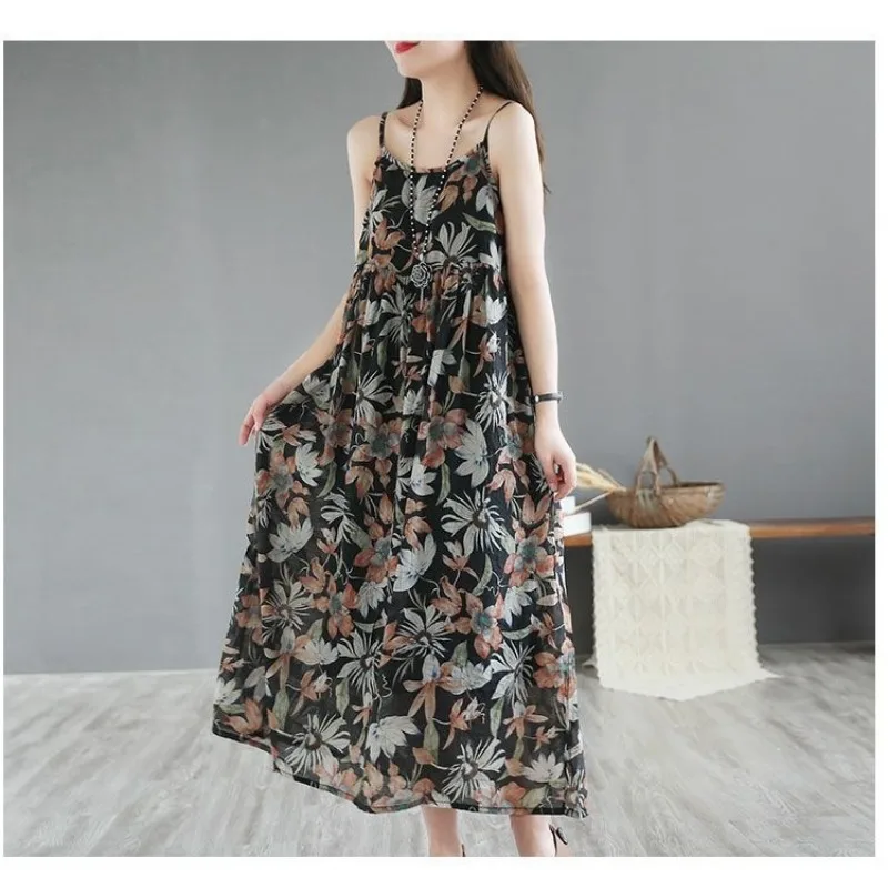 Women\'s Summer Pullover Camisole Sleeveless Flower Printing Shirring Casual Loose Chiffon Clothing Backless Vintage Dress