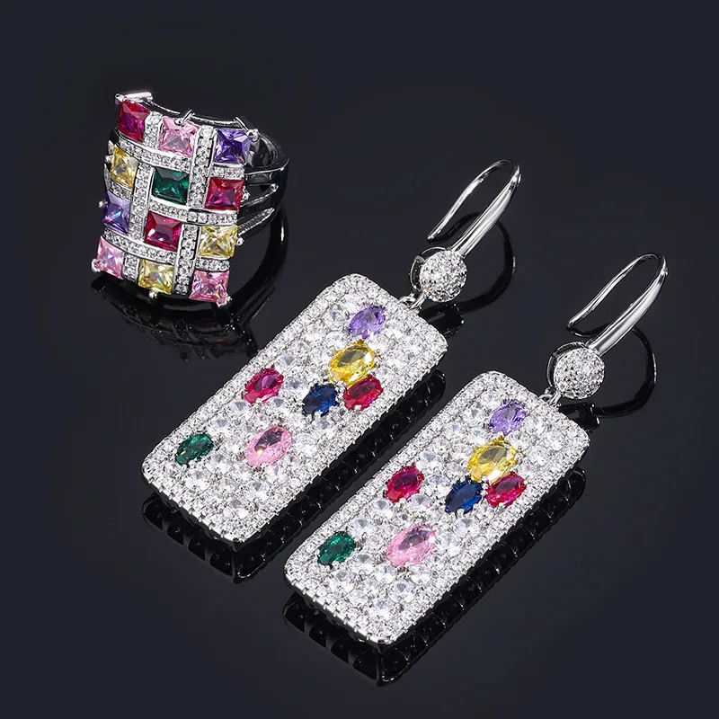 

New Jewelry Set Decorative Earrings Rings European and American Heavy Craft Full Diamond Square Brand Colorful Exaggerated Fashi