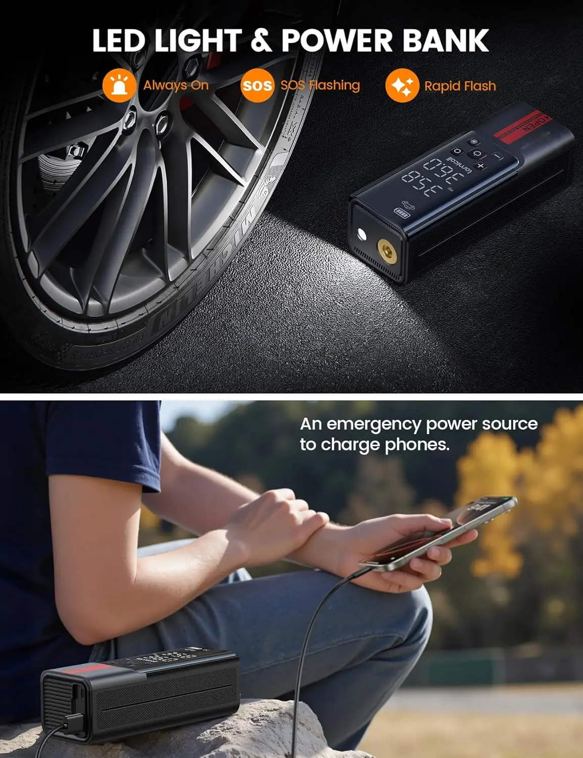 ضاغط هواء محمول لاسلكي 150 رطل لكل بوصة مربعة، مقياس رقمي وإضاءة LED، منفاخ سريع للسيارة والدراجات النارية والدراجة والكرة #6