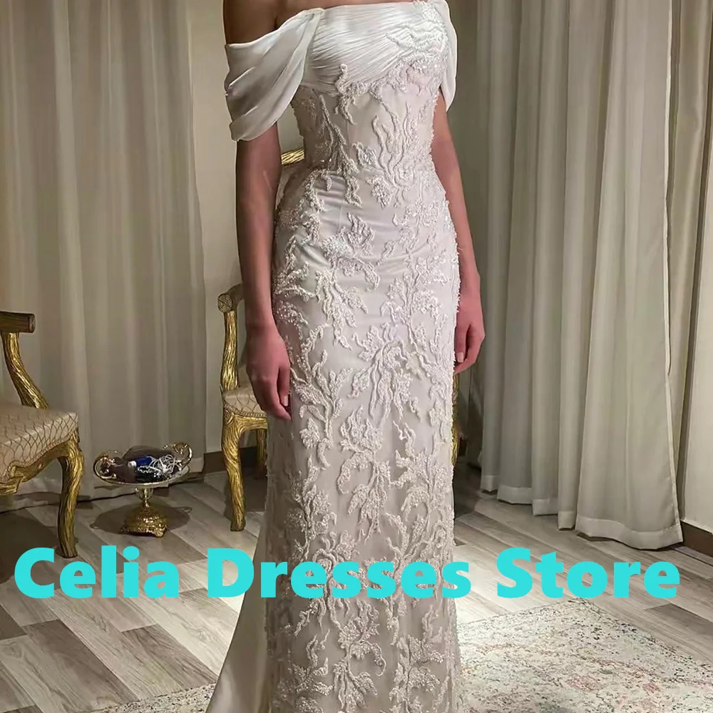 Elegant Luxury Evening Dress 2024 Straight Short Sleeves Off the Shoulder Jersey Pleats Sweep Train Beading Crystal Party Gowns