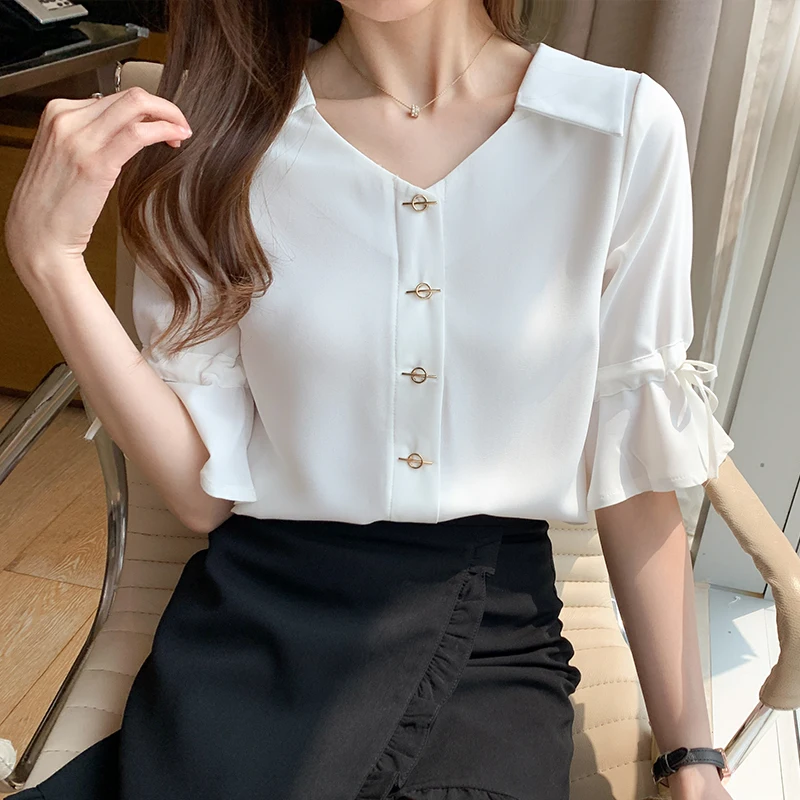 Summer Fashion V-neck Flare Sleeve Chiffon Shirts Vintage Solid Chic Button Commute Blouse Women Clothing Temperament Tops