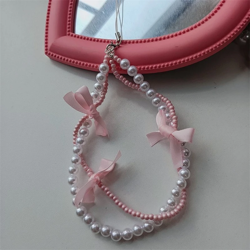 Korean Y2K Cute Pink Black Bow Beaded Phone Chain Charm Lanyard For iPhone Samsung Huawei Universal Accessories Jewelry Pendant