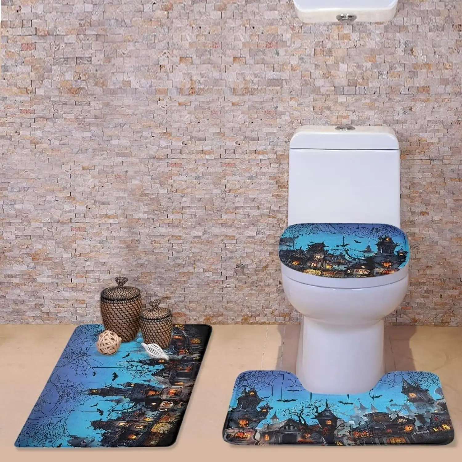 3PCS Haunted Castle Bath Set, Glowing Window Bat Print, Non-Slip Soft U-Shape Toilet Rug Gothic Blue Black Spooky Decor