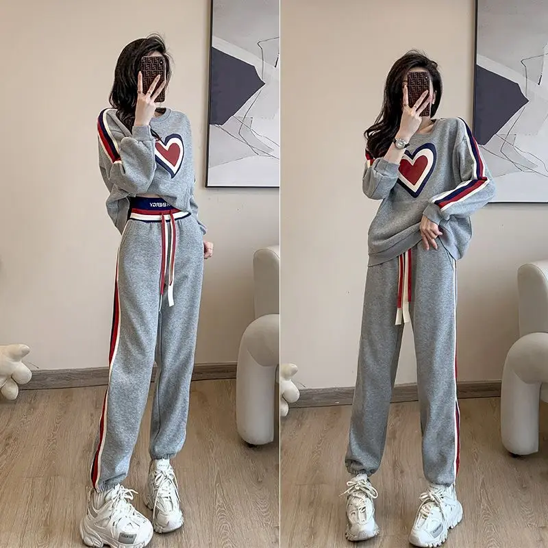 Womens Sets Grey Plush Sports Casual Suits Fashion Fried Street Sweatshirt and Sweatpant Two Piece Set Autumn Winter Trend Suit