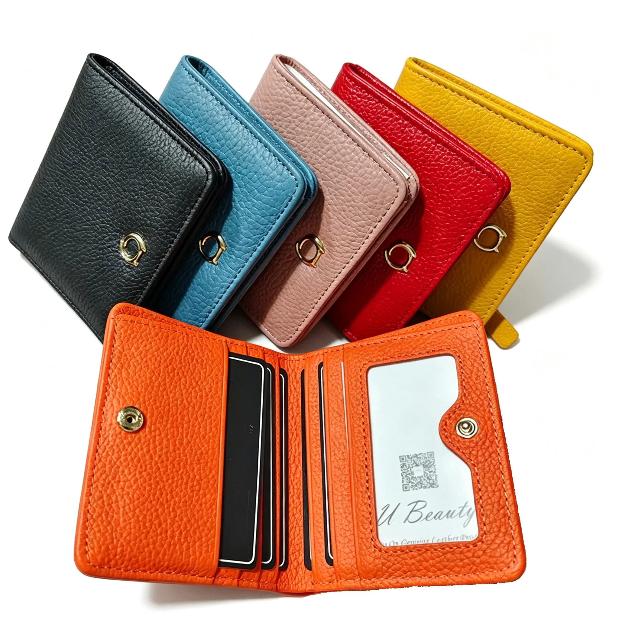 Genuine Cow Leather Cute Cat Decoration Short Wallet Women Fashion Cowhide Purse with ID Card Holders Coin Purse Card Holder