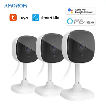 Amorom 실내 와이파이 IP 카메라, 1080P 애완 동물 아기 모니터, 야간 투시경, AI 감지 감시 미니 카메라, 알렉사 및 구글 홈 포함