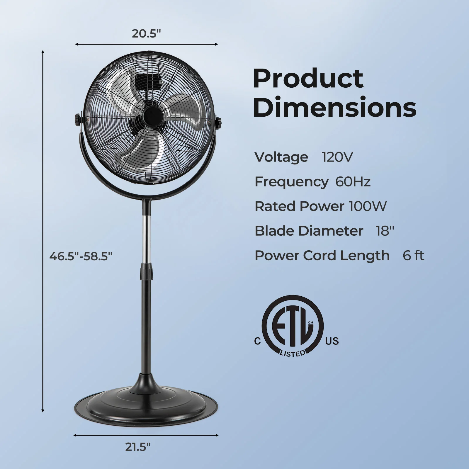 Ventilador de pedestal de alta velocidade de 18" com 3 velocidades 360 °   Inclinação e altura ajustável para casa