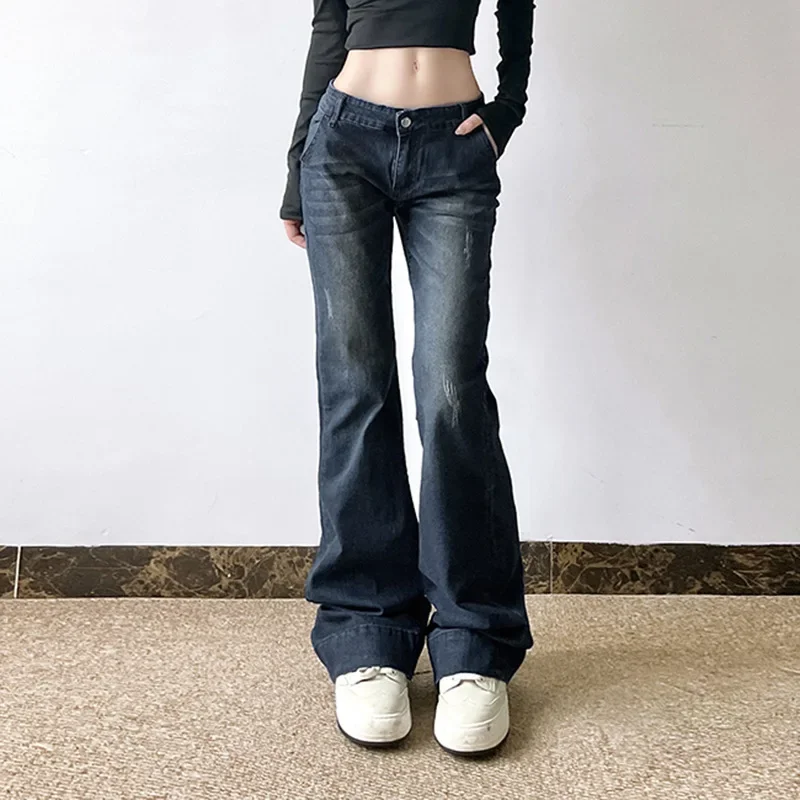 American Style Vintage Sexy Low Waist Slimming Jeans For Women Distressed Washing Versatile Micro Flared Trousers Streetwear 202