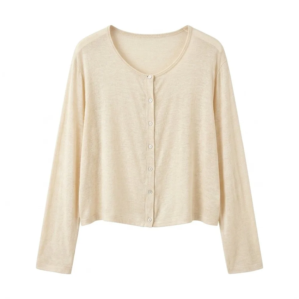 Slim Acetate Acetate Linen Cardigan Lyocell Linen Silk Lyocell Cardigan Round Neck Wool Blend Striped Top Casual Wear