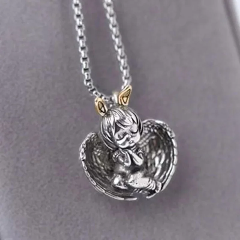 Vintage Heart-shaped Angel Wing Gir Sleeping Little Girl Necklace Girlfriends Birthday Jewelry