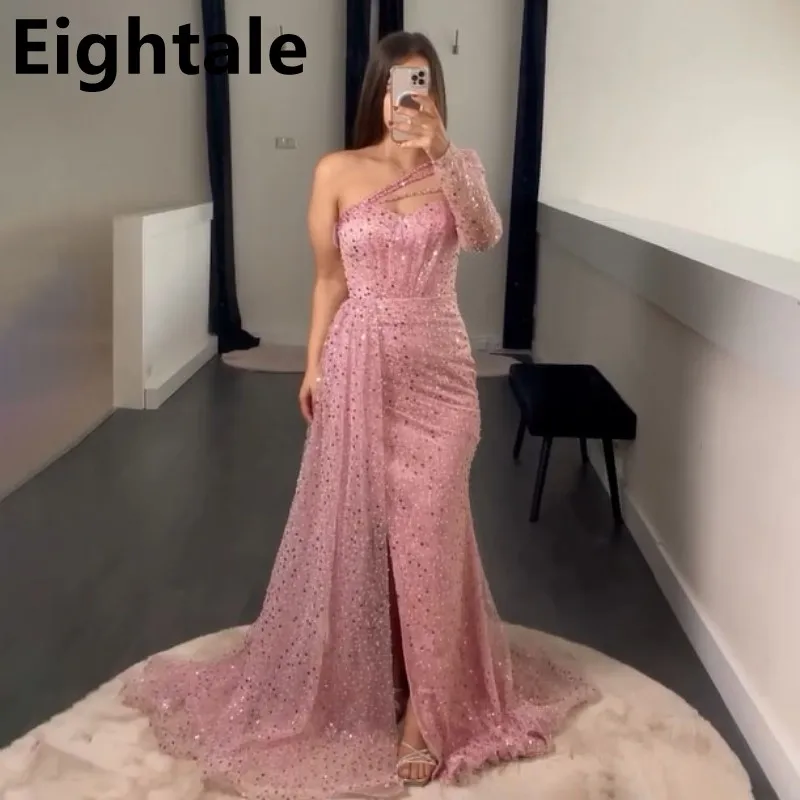 

Customized Pink Mermaid Sequin Evening Dress For Wedding Party Formal One Sleeve Sexy Slit Prom Dress Dubai Party Gown