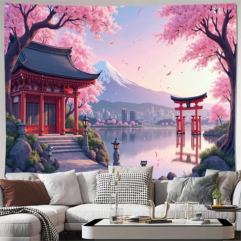 Japanese Cherry Blossom Temple Mount Fuji Lake Torii Gate Wall Tapestry Machine Washable All SeasonOriental LandscapeDesign Home