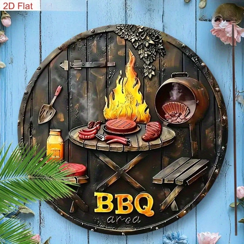 2D Flat Vintage BBQ Scene Round Aluminum Sign - Grill Meat Accessories Rustic Wall Decor for Outdoor Indoor Kitchen Party Gift