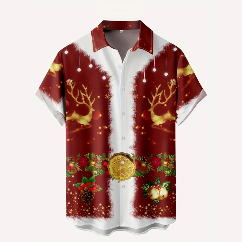 Kerst Heren Oversized Santa Claus Grafische Korte Mouw Bedrukte Tshirt Los Revers Button-Down Shirt Outdoor Streetwear