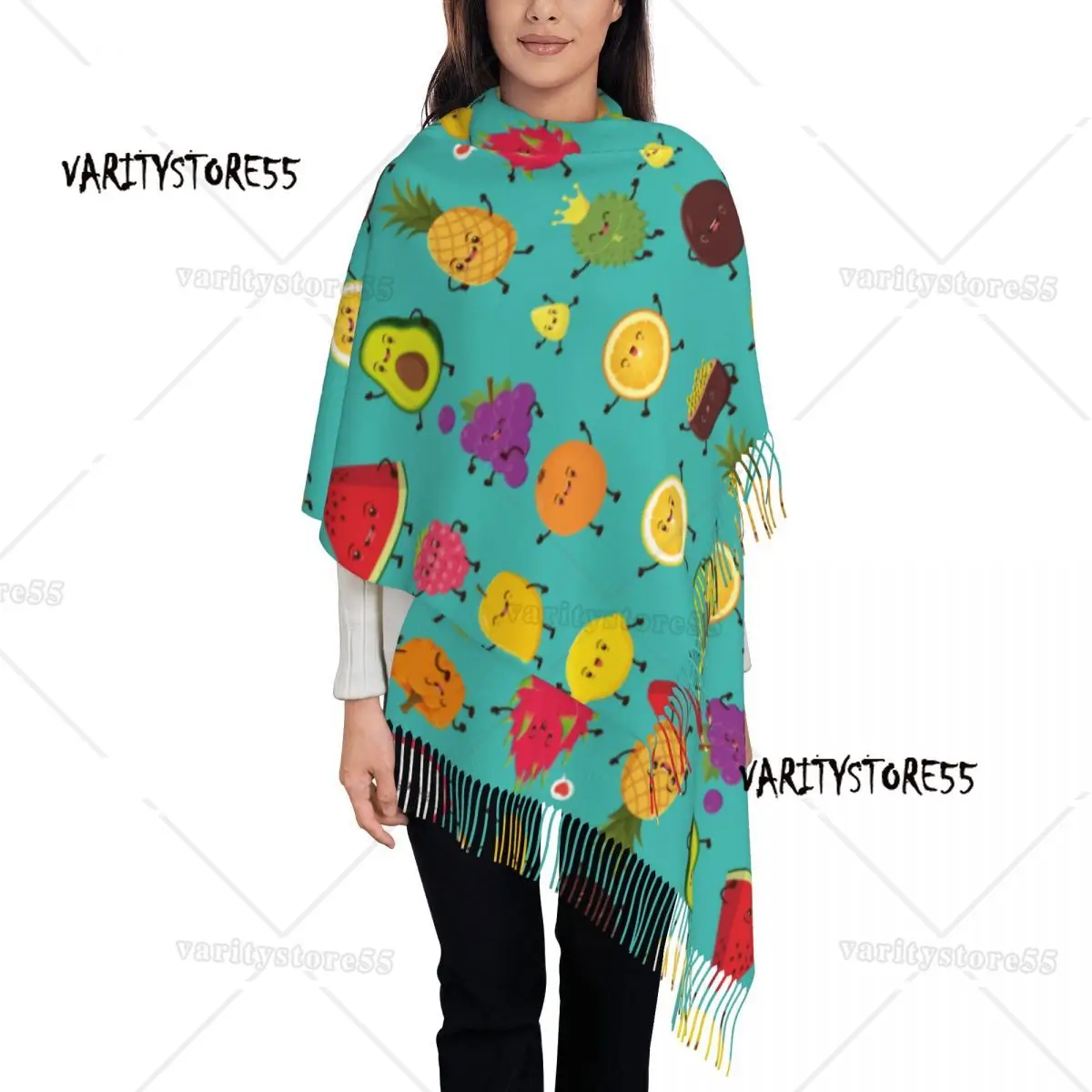 Pashmina Vintage con póster de frutas para mujer, chal con flecos, bufanda larga y grande