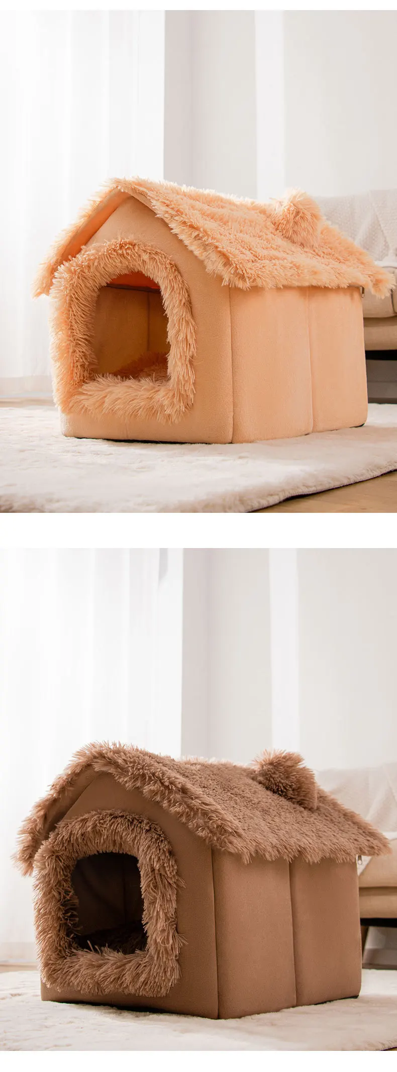 Mittlere Hundehütte für den Innenbereich, weich, bequem, Welpenhaus, abnehmbares kleines Hundebett, Höhle, Winter, warme Haustier-Schlafmatte, tragbar – Detail 6