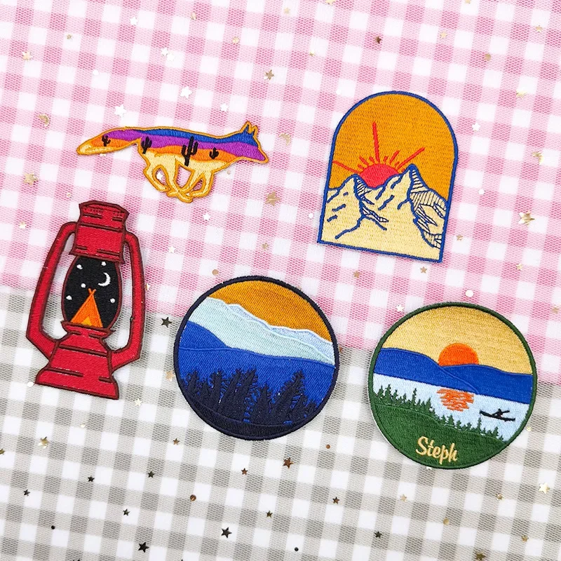 Scenery Landscape Bear Deer Dolphin Embroidered Patches 3D Diy Natural Sun Rise and Sunset Patches for Clothes Hat Bags Decor