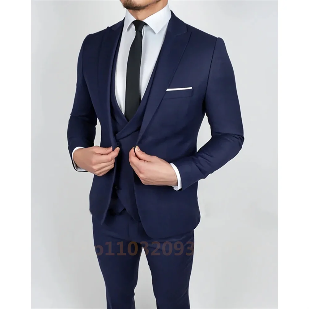 Navy Blue 2024 Men Suits Slim Fit 3 Pieces Best Men Wear Wedding Business Groom Tuxedos Blazer+Vest+Pants Costume Homme