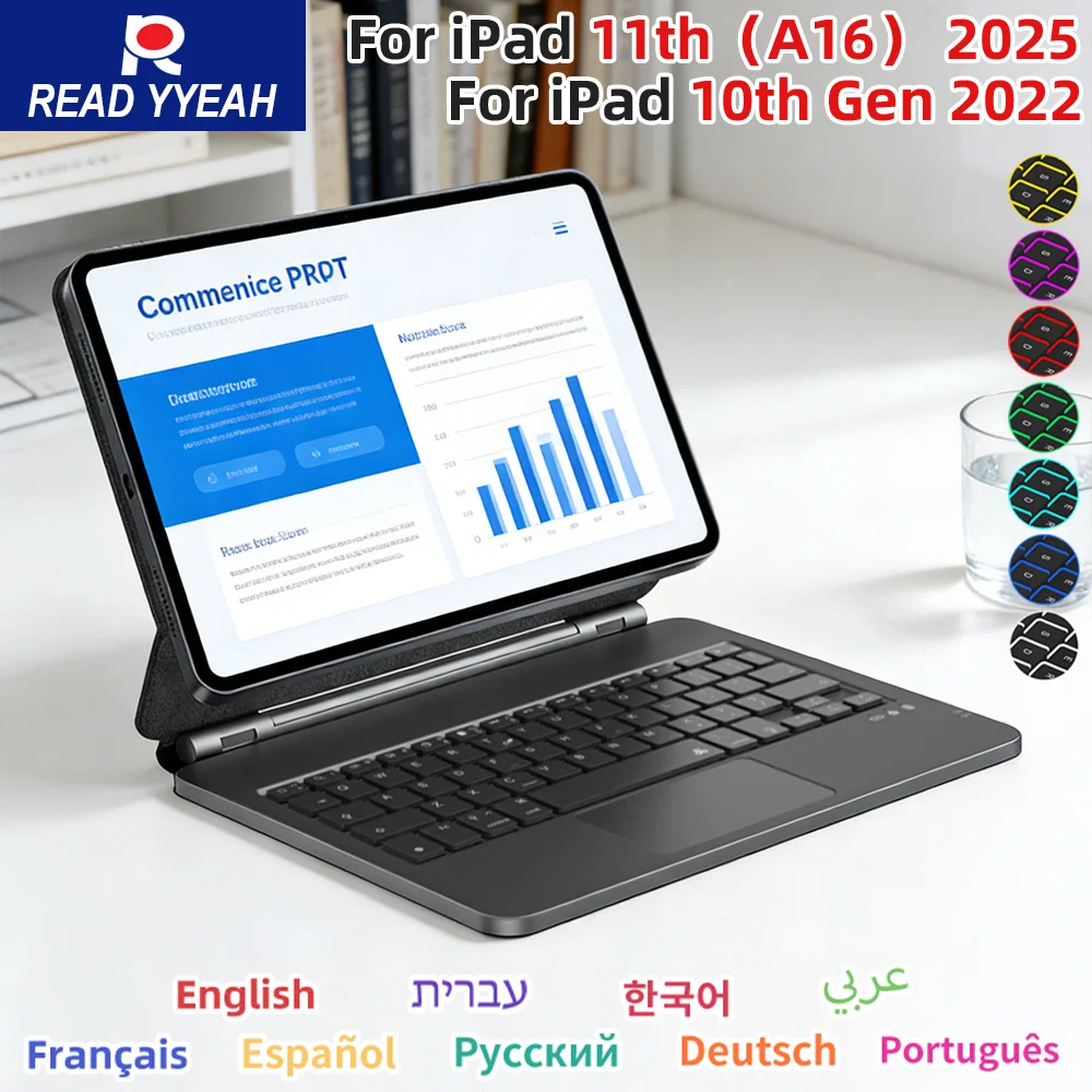 

Клавиатура Magic Keyboard для iPad 10-го и 11-го поколений A16 2025 Pro 13 M2 Air 4 5 10.9in Pro 11 12.9 2018-2022 с функцией автоматического включения/выключения, Bluetooth, подсветкой