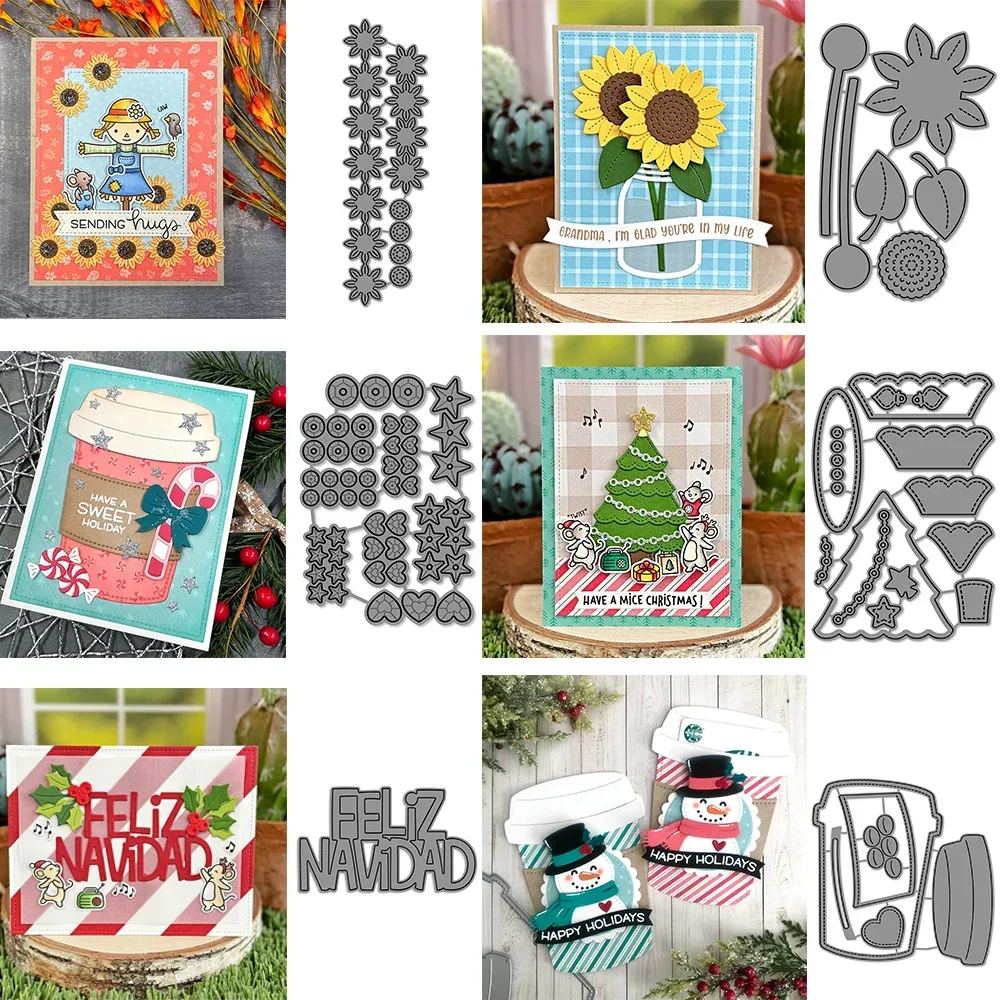 Sunny Sunflower Border Christmas Tree Add-on Metal Cutting Die Coffee Cup Sequindle Set Words Die For DIY Scrapbook Cards Making