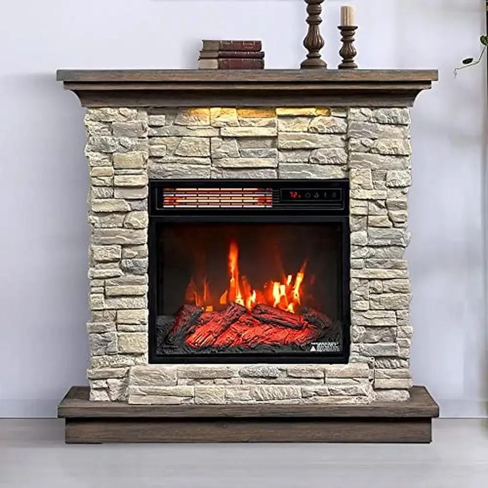 Electric Fireplace with Remote Control 5200 BTU Heater Smoky Gray Stone Safer Plug Technology Flame Effect Infrared Quartz Heat