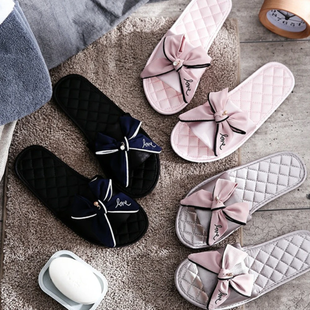 Women Indoor Silk Slippers Butterfly-knot Bowtie Light Comfy Flats Open Toe Home Slides House Causal Fashion Cute Shoes Ladies