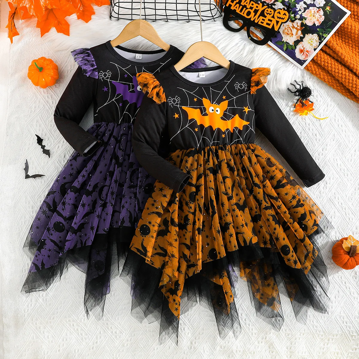 Halloween Children Girls Clothing Toddler Long Sleeve Allover Bat Printed Mesh Party Dresses Kids Halloween Costumes for 1-5Y