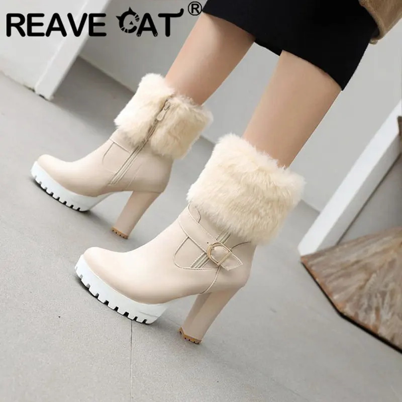 REAVE CAT Women Boots Round Toe Block Heels 10cm Platform 2cm Belt Buckles Big Size 41 42 43 Sweet Female Booties