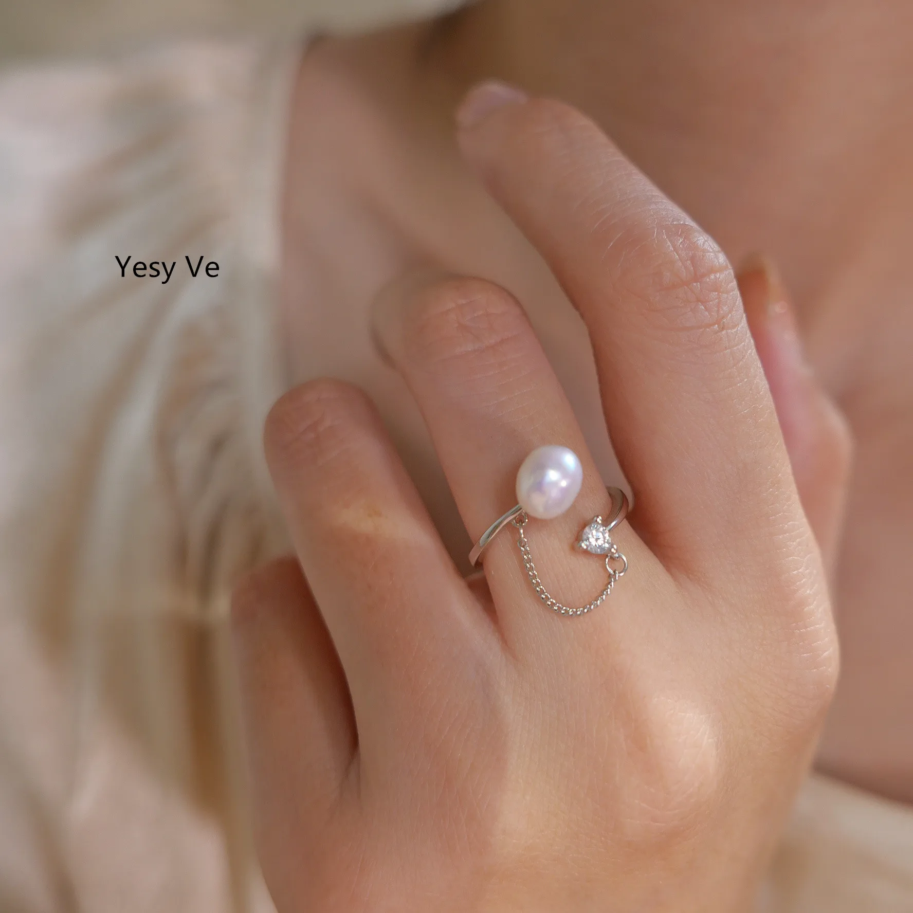 Yesy Ve-Women's Irregular Chain Ring, 925 Silver, Baroque Natural Pearls, New Arrival