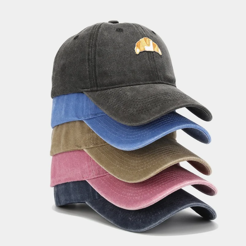 Işlemeli kruvasan pamuklu beyzbol şapkası erkek kadın açık güneş koruma yumuşak üst doruğa şapka Vintage yeni kamyon şoförü şapkası