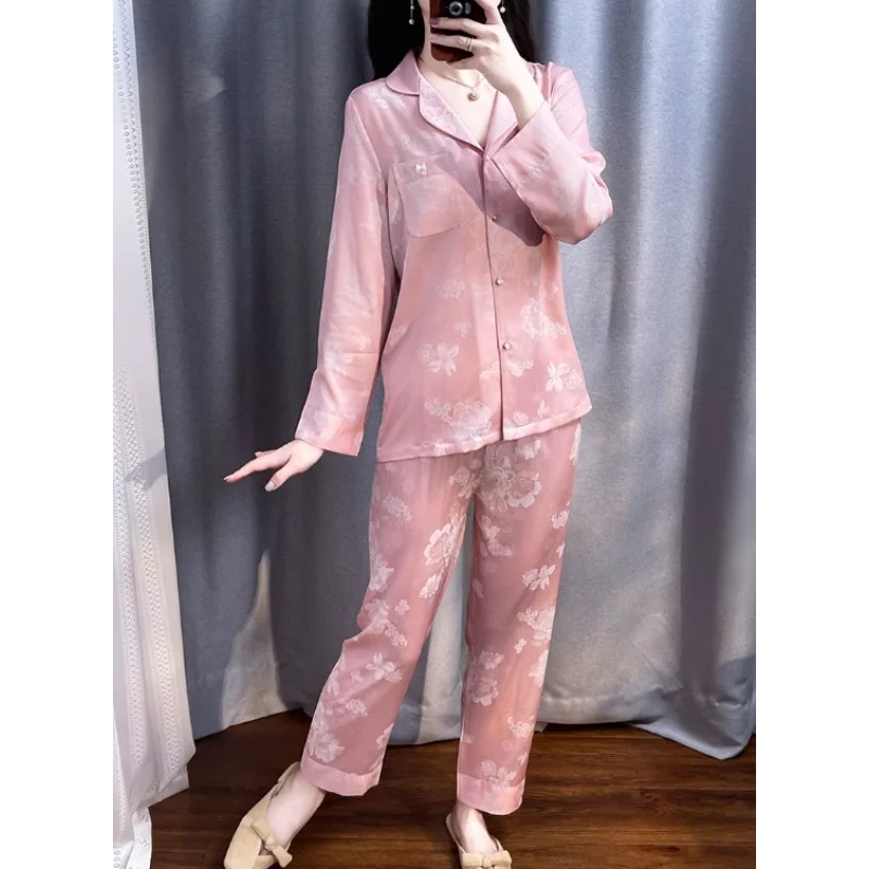 【 Original Design Niche 】 Light Luxury Pajamas Women Spring and Autumn Long Sleeve New Home Dress Set Women Thin Ice Silk Summer