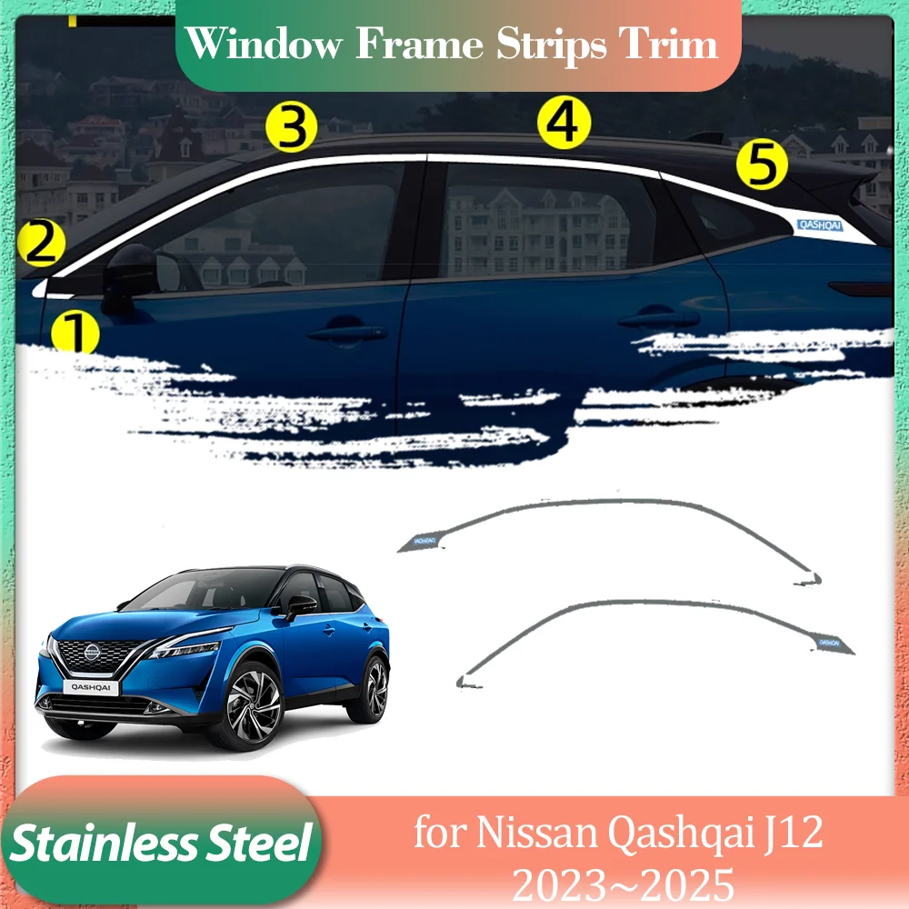 

Для Nissan Qashqai J12 2023 ~ 2025 2024 серебристый из нержавеющей стали, дверная оконная рама автомобиля, накладка на порог, наклейка, часть аксессуаров