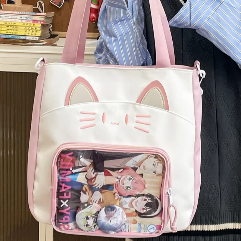 Xiuya Cute Shoulder Bag for Women Cat Kawaii Large Capacity Casual Ita Bag Embroidery College Style Lolta Transparent Handbag