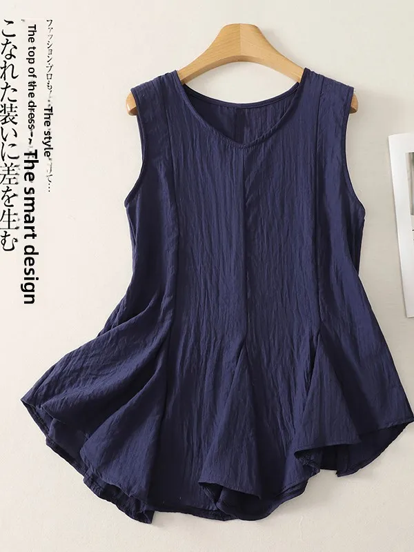 

Повседневный женский топ без рукавов с круглым вырезом, однотонный, с асимметричным подолом, больших размеров, из полиэстера и хлопка