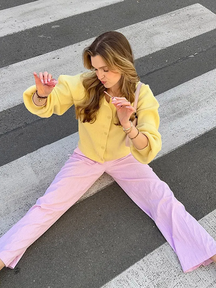 

Yellow Single Breasted Knitted Cardigan Women Casual Round Neck Full Sleeve Sweater Coat Lady Daily Commuting Office Cardigans