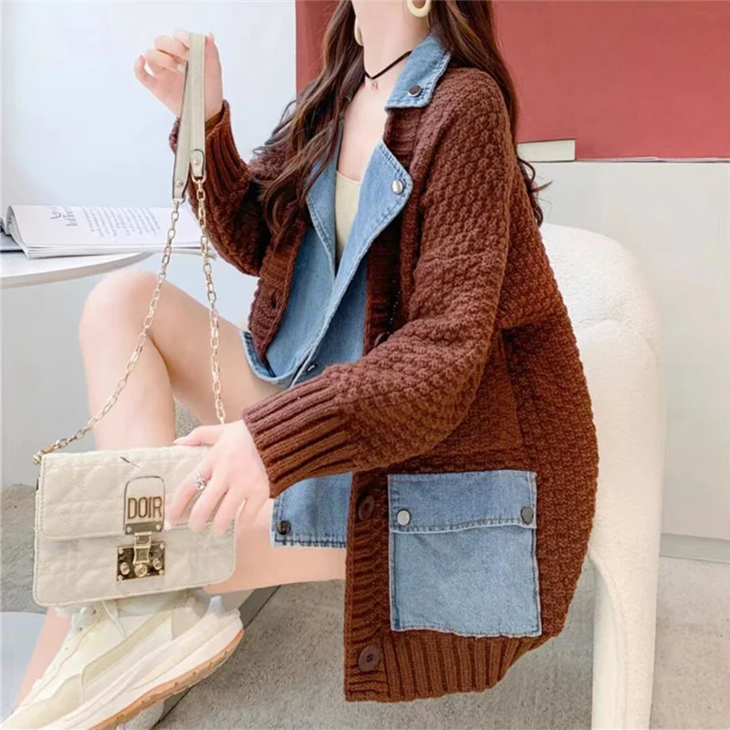 Spring Autumn Korean Denim Splicing Knitted Cardigan Jacket Women Sweater Loose 4 Color Big Pocket Long Sleeve Knit Coat Female