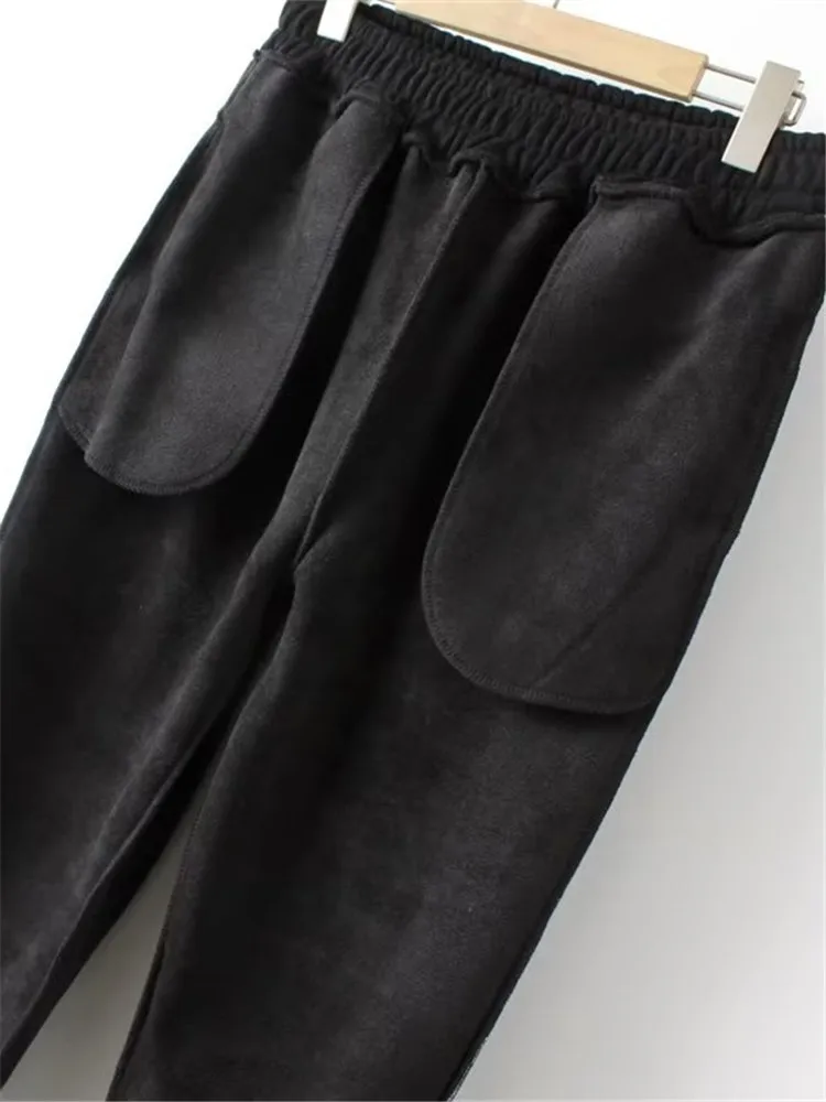 Pantalon en velours à taille élastique pour femme, grande taille, intérieur épais, pantalon décontracté surdimensionné, poches latérales, vêtements d'hiver