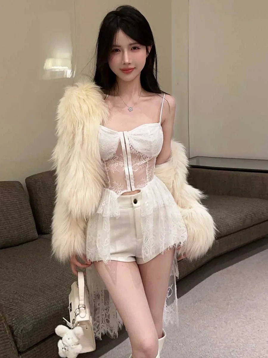 Sexy White Lace Splice Hollow out Irregular Strap Top Pure Desire Netting Gown for Young Women Breathable Comfortable Sleeveless