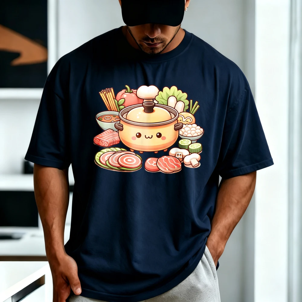 Kawaii Chinese Hot Pot Food Graphic Printed T-Shirt Cartoon Vegetables Meat Mushrooms Noodles Soup Tshirt Man Women Tees