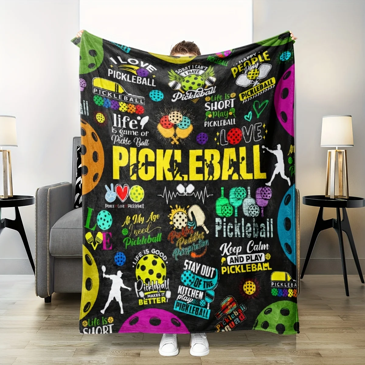 1pc Pickleball Themed Flannel Blanket - Soft & Warm All-Season Multipurpose Knitted Polyester Throw - Machine Washable Contempor