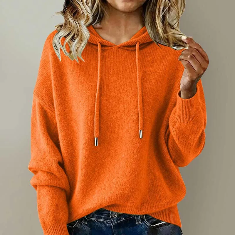 Laid-Back Style Hooded Knitted Sweater for Women Autumn/Winter Loose Slimming Solid Color Drawstring Top Warm Soft & Cozy Casual