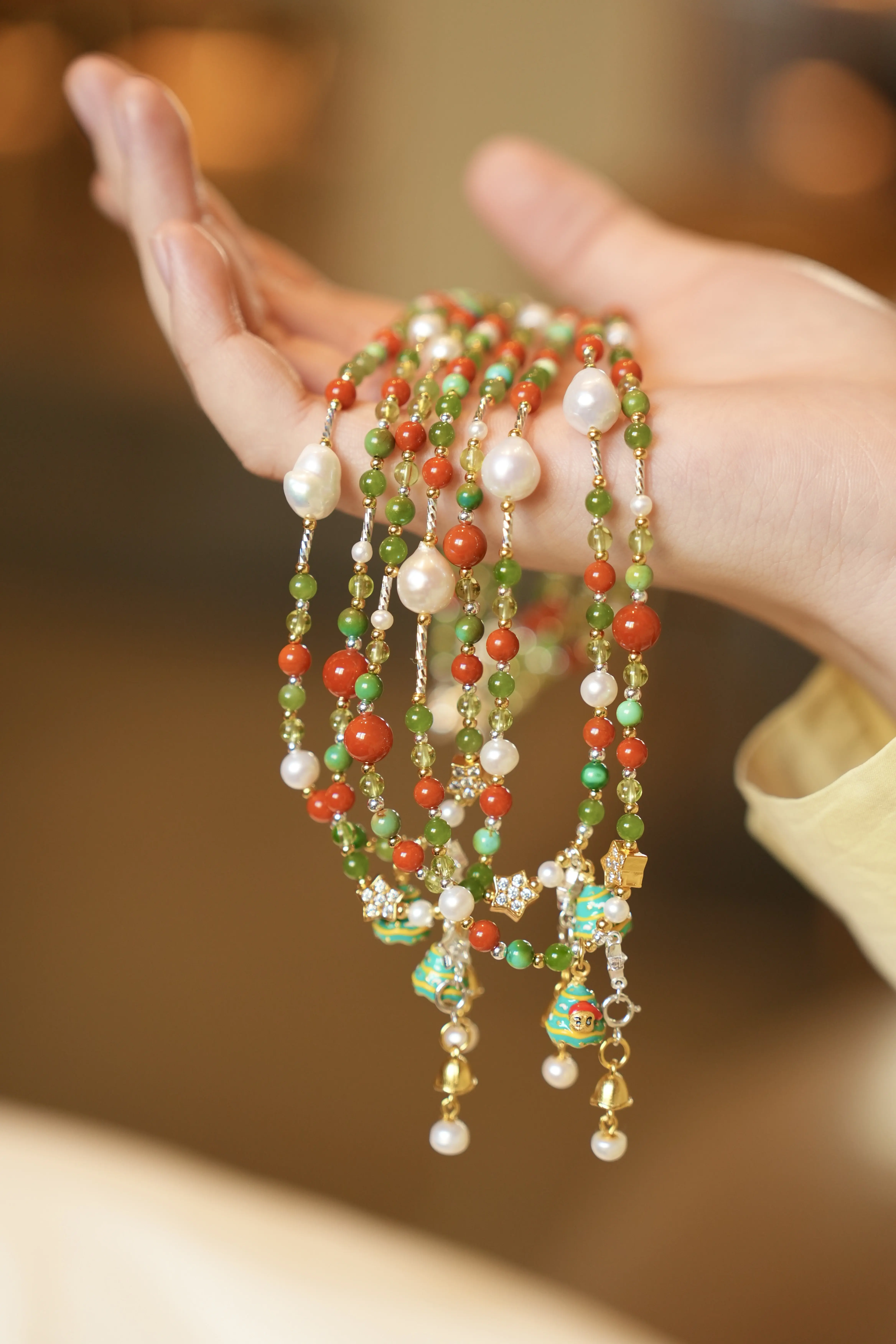 Natural Jade Red Agate Turquoise Pearl Peridot Multi-Gemstone Necklace, Collarbone Chain Colorful Jewelry Gift