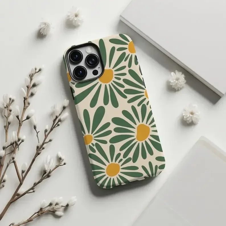 

Retro Daisy Floral Summer Trendy Phone Case For IPHONE 16ProMax 15 14 13 12 11 PRO Plus Acrylic TPU Two in one Mobile Phone Case